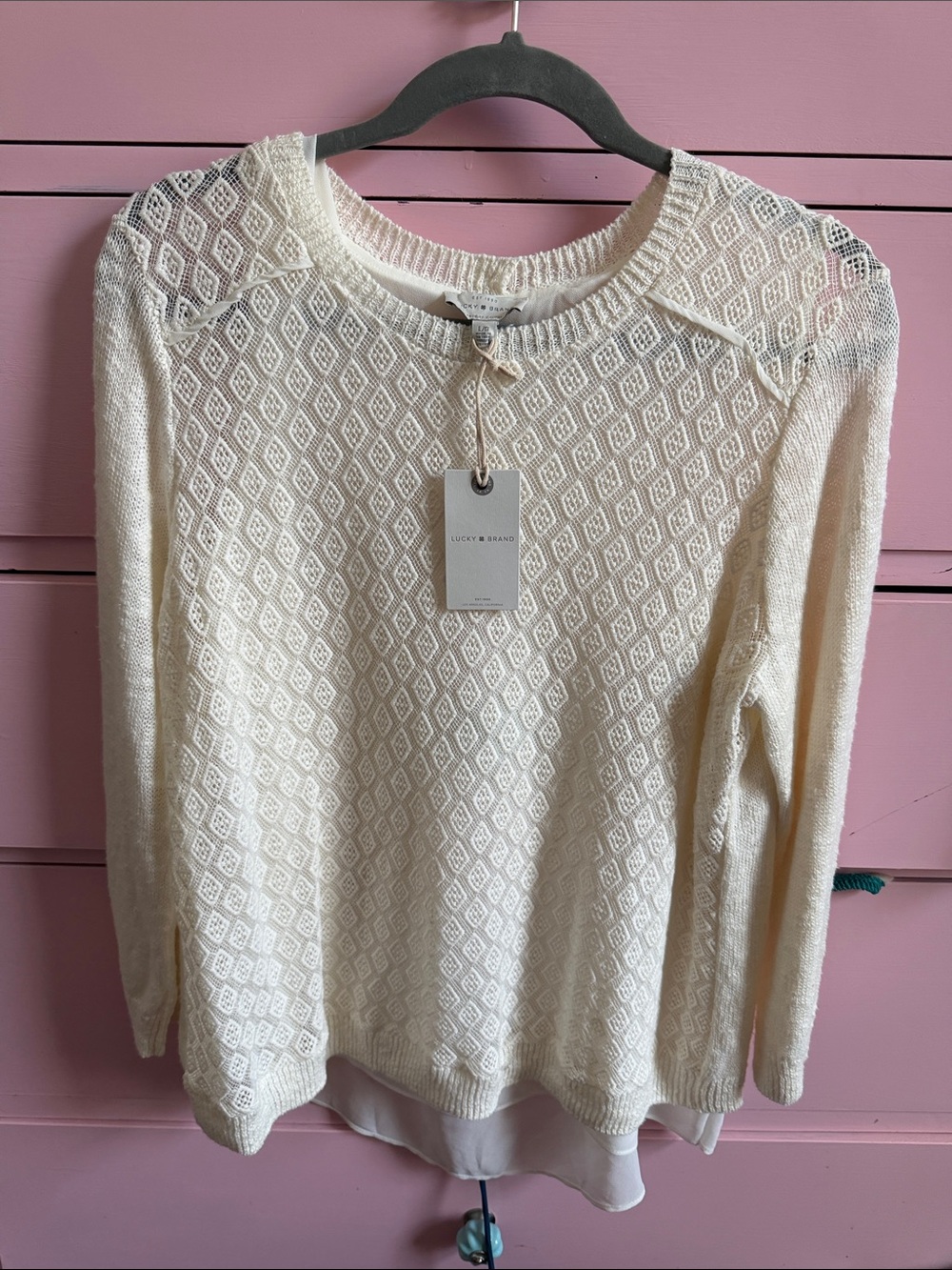 Lucky Brand Cream Diamond Knit Layered-Hem Pullover